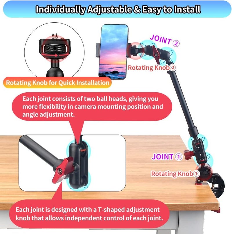 JEBUTU 13"/34cm Magic Arm w Clamp, Camera Mount & Clamp w 1/4" 3/8" Threads and Articulating Friction Magic Arm, Overhead Phone Mount, Camera Boom Arm Mount for Light Webcam Mic Action Camera Monitor - Image 3